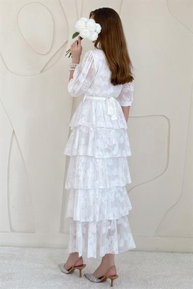 Ekru Balon Kol Detaylı Kat Kat Şifon Elbise