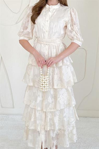 Bej Balon Kol Detaylı Kat Kat Şifon Elbise