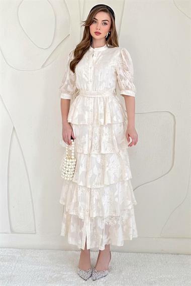 Bej Balon Kol Detaylı Kat Kat Şifon Elbise