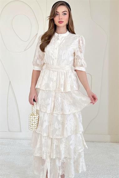 Bej Balon Kol Detaylı Kat Kat Şifon Elbise