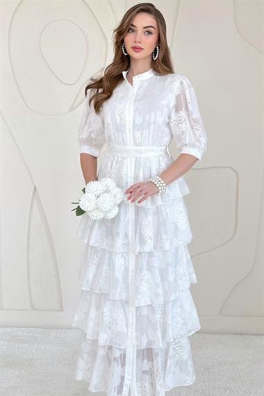 Ekru Balon Kol Detaylı Kat Kat Şifon Elbise