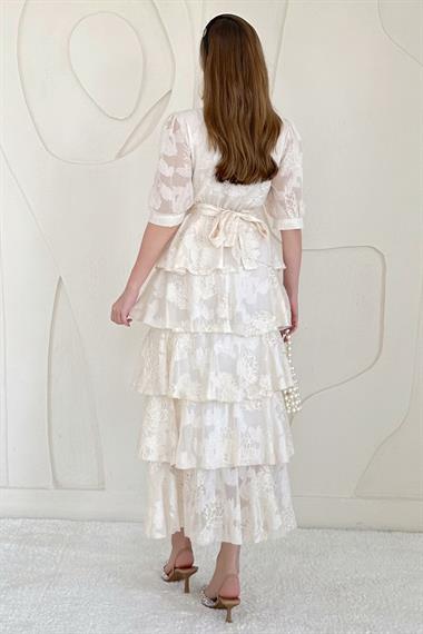 Bej Balon Kol Detaylı Kat Kat Şifon Elbise