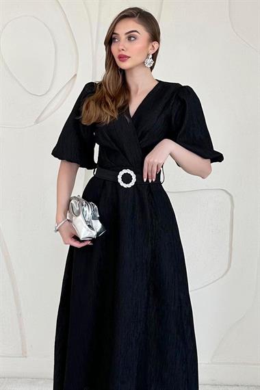 Siyah Balon Kol Detaylı Kemerli Kruvaze Elbise