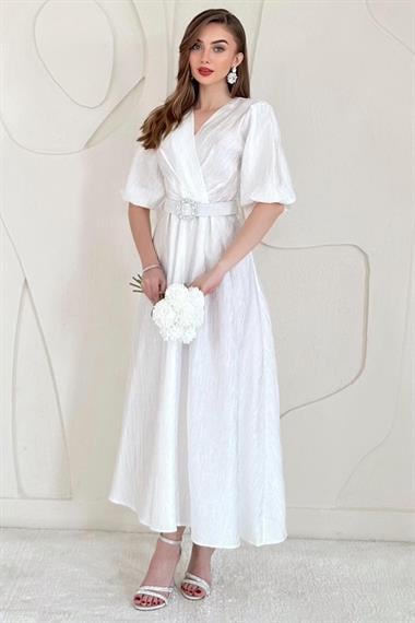 Beyaz Balon Kol Detaylı Kemerli Kruvaze Elbise