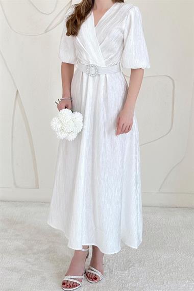 Beyaz Balon Kol Detaylı Kemerli Kruvaze Elbise