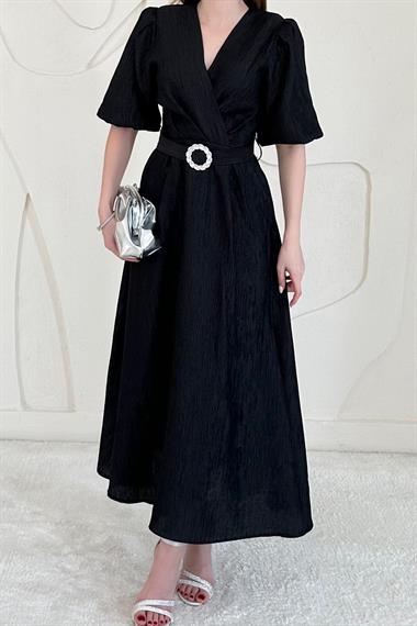 Siyah Balon Kol Detaylı Kemerli Kruvaze Elbise