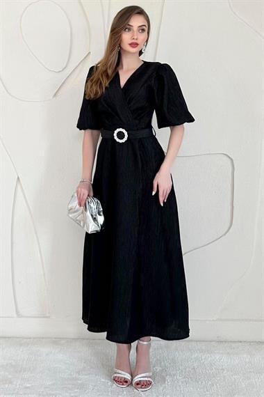 Siyah Balon Kol Detaylı Kemerli Kruvaze Elbise