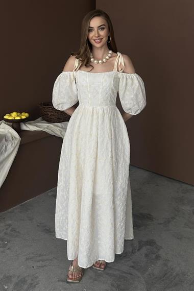 Bej Balon Kol Detaylı Omuz Bağlamalı Brode Elbise