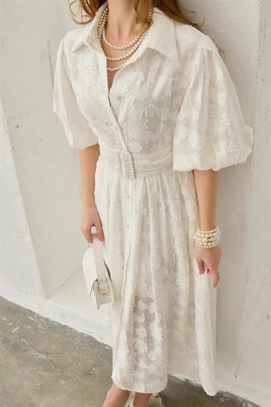 Ekru Balon Kollu Kemerli Brode Elbise