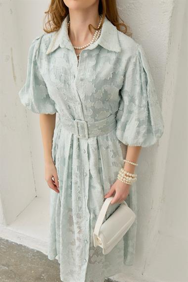 Mint Balon Kollu Kemerli Brode Elbise