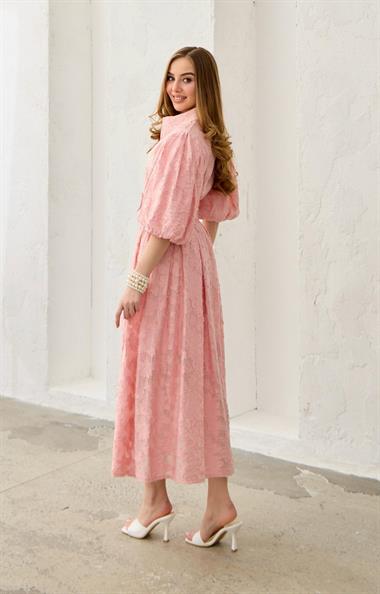 Pembe Balon Kollu Kemerli Brode Elbise