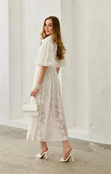 Ekru Balon Kollu Kemerli Brode Elbise