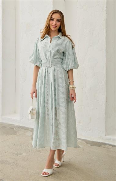Mint Balon Kollu Kemerli Brode Elbise