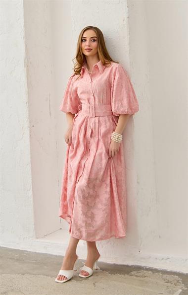 Pembe Balon Kollu Kemerli Brode Elbise