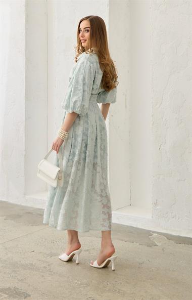 Mint Balon Kollu Kemerli Brode Elbise
