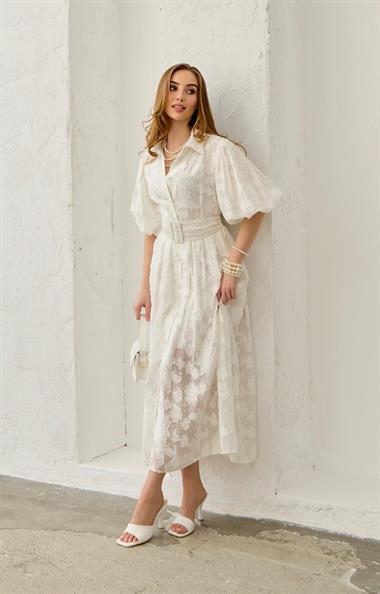 Ekru Balon Kollu Kemerli Brode Elbise