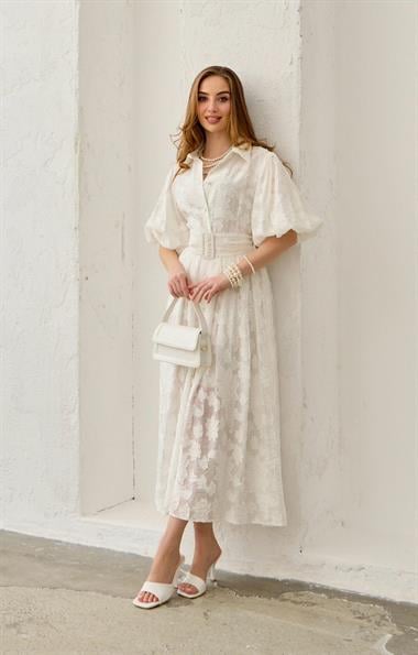 Ekru Balon Kollu Kemerli Brode Elbise