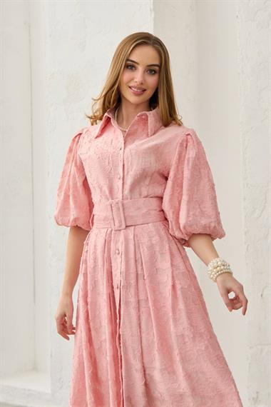 Pembe Balon Kollu Kemerli Brode Elbise