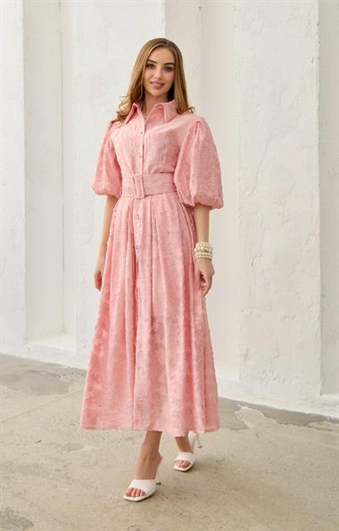 Pembe Balon Kollu Kemerli Brode Elbise