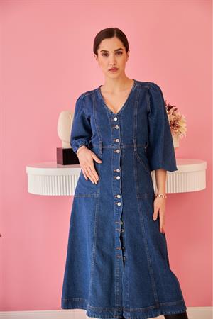 Lacivert Balon Kol Kot Elbise