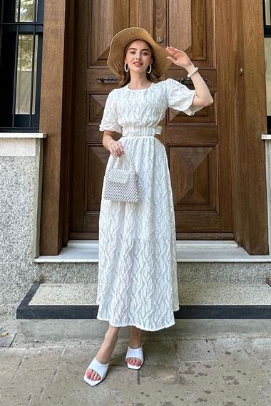 Beyaz Balon Kol Kuşaklı Elbise