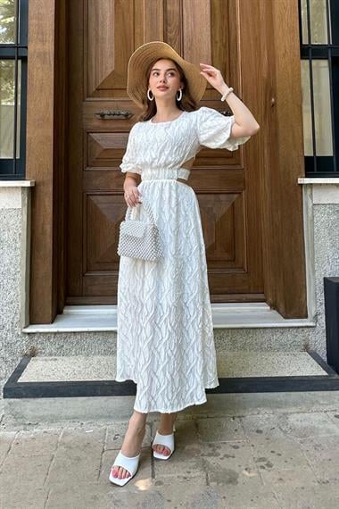 Beyaz Balon Kol Kuşaklı Elbise