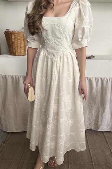 Bej Balon Kol Nakış Detaylı Brode Elbise