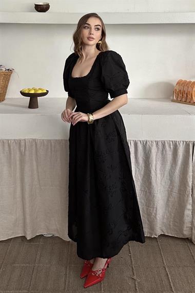 Siyah Balon Kol Nakış Detaylı Brode Elbise