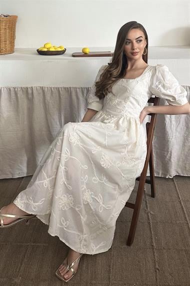 Bej Balon Kol Nakış Detaylı Brode Elbise