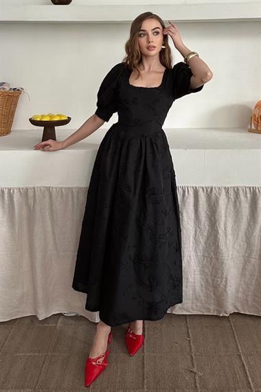 Siyah Balon Kol Nakış Detaylı Brode Elbise
