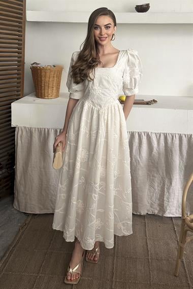 Bej Balon Kol Nakış Detaylı Brode Elbise