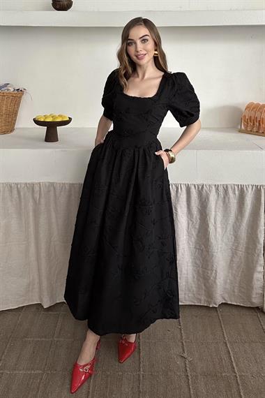 Siyah Balon Kol Nakış Detaylı Brode Elbise