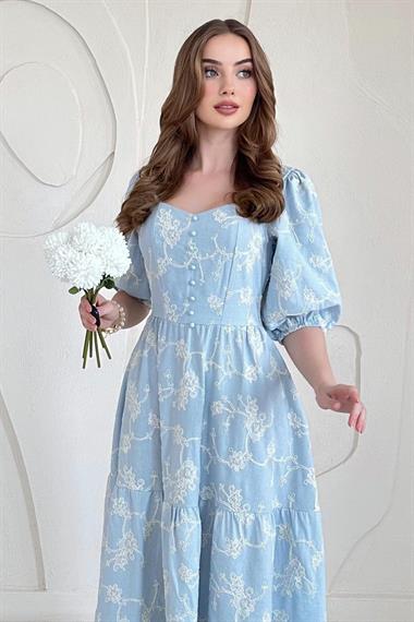 Mavi Balon Kollu İşlemeli Elbise