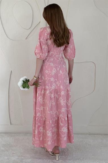 Pembe Balon Kollu İşlemeli Elbise