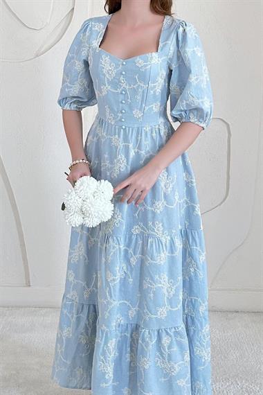 Mavi Balon Kollu İşlemeli Elbise
