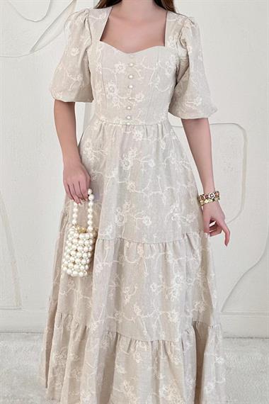 Bej Balon Kollu İşlemeli Elbise