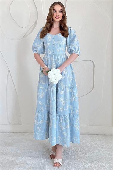 Mavi Balon Kollu İşlemeli Elbise