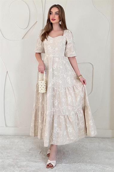 Bej Balon Kollu İşlemeli Elbise