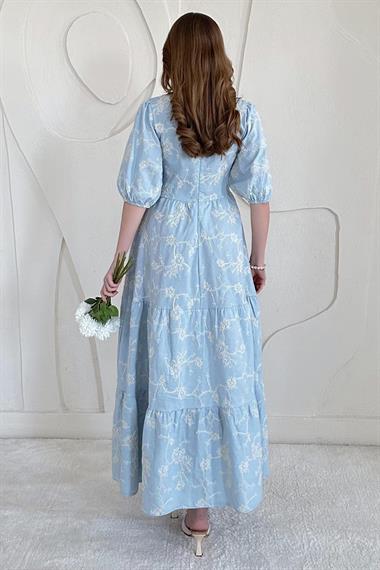 Mavi Balon Kollu İşlemeli Elbise