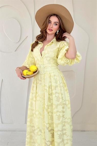 Sarı Balon Kollu Kemerli Brode Elbise