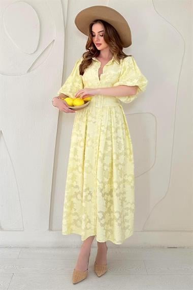 Sarı Balon Kollu Kemerli Brode Elbise