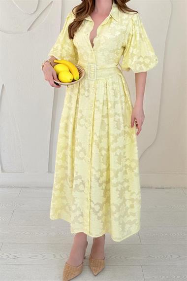 Sarı Balon Kollu Kemerli Brode Elbise