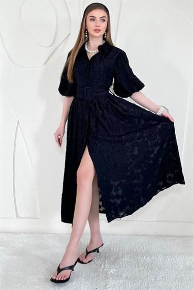 Siyah Balon Kollu Kemerli Brode Elbise