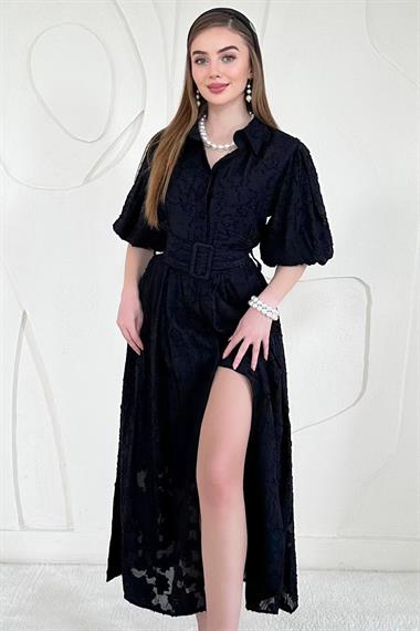 Siyah Balon Kollu Kemerli Brode Elbise