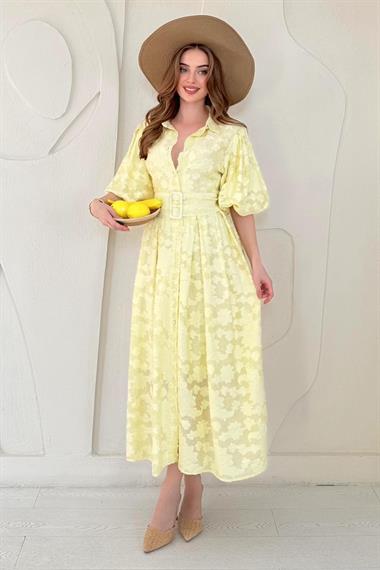 Sarı Balon Kollu Kemerli Brode Elbise