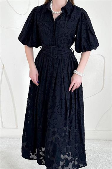 Siyah Balon Kollu Kemerli Brode Elbise