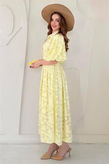 Sarı Balon Kollu Kemerli Brode Elbise
