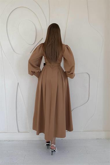 Camel Balon Kollu Kemerli Elbise