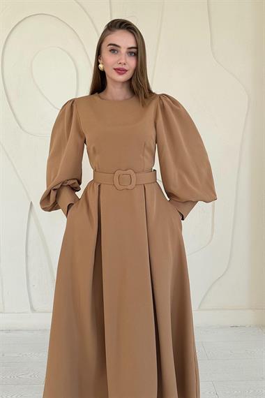 Camel Balon Kollu Kemerli Elbise