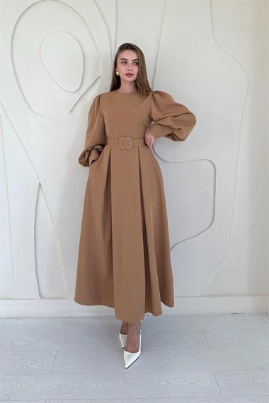 Camel Balon Kollu Kemerli Elbise